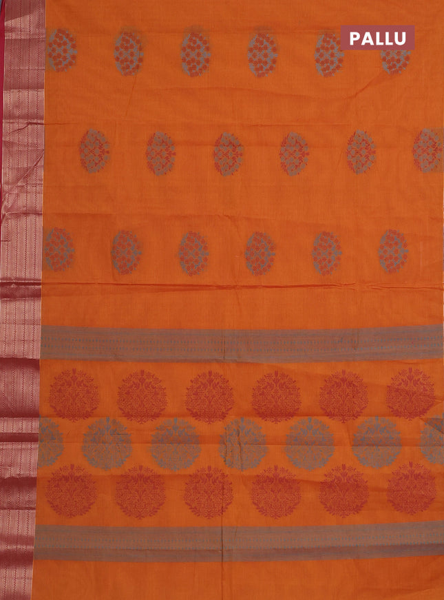 Nithyam cotton saree dark mustard and maroon with allover self emboss & thread woven buttas and thread woven border