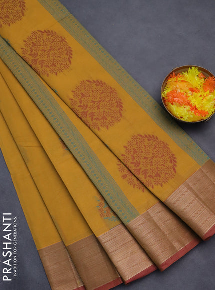 Nithyam cotton saree mustard yellow and dual shade of pink with allover self emboss & thread woven buttas and thread woven border