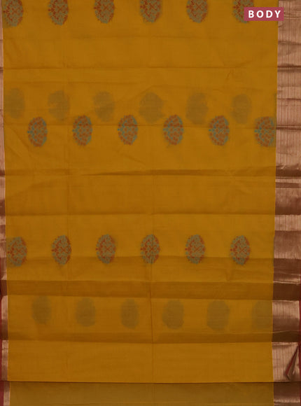 Nithyam cotton saree mustard yellow and dual shade of pink with allover self emboss & thread woven buttas and thread woven border