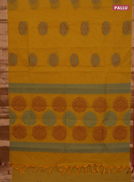 Nithyam cotton saree mustard yellow and dual shade of pink with allover self emboss & thread woven buttas and thread woven border