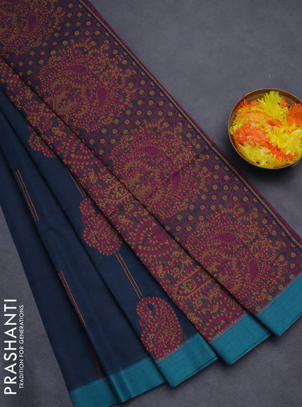 Nithyam cotton saree dark peacock blue and teal blue with thread woven buttas and simple border
