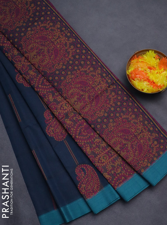 Nithyam cotton saree dark peacock blue and teal blue with thread woven buttas and simple border