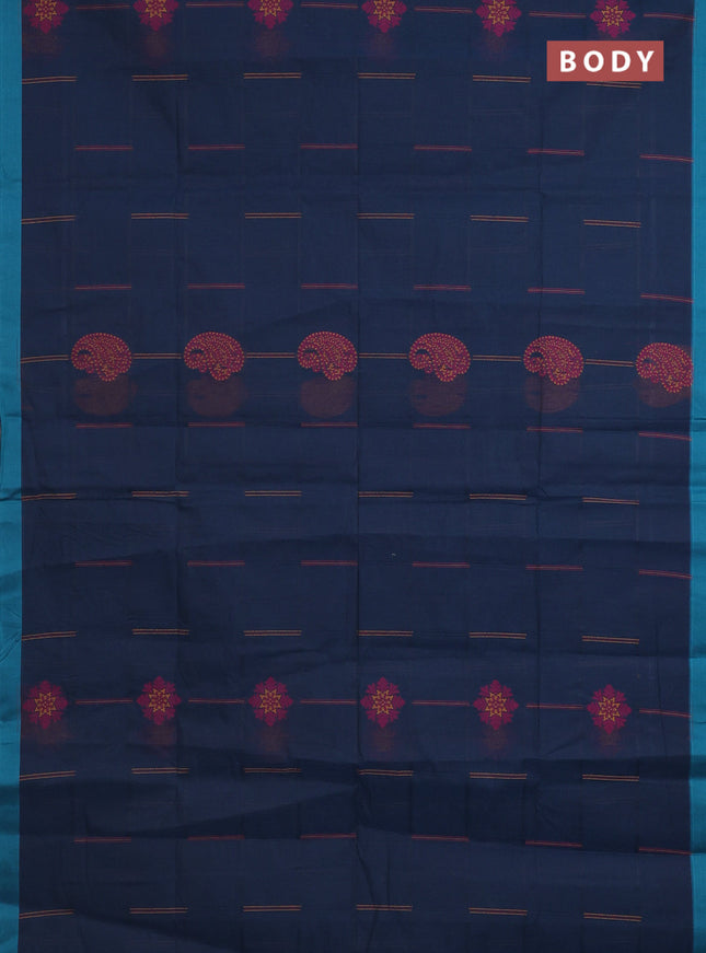 Nithyam cotton saree dark peacock blue and teal blue with thread woven buttas and simple border