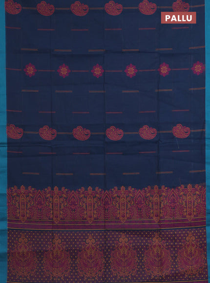 Nithyam cotton saree dark peacock blue and teal blue with thread woven buttas and simple border