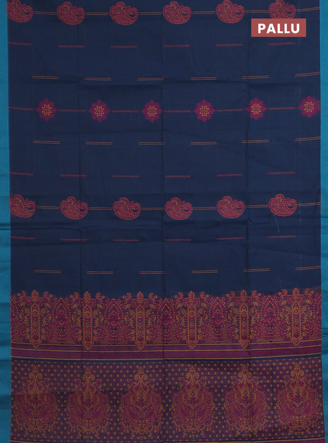 Nithyam cotton saree dark peacock blue and teal blue with thread woven buttas and simple border