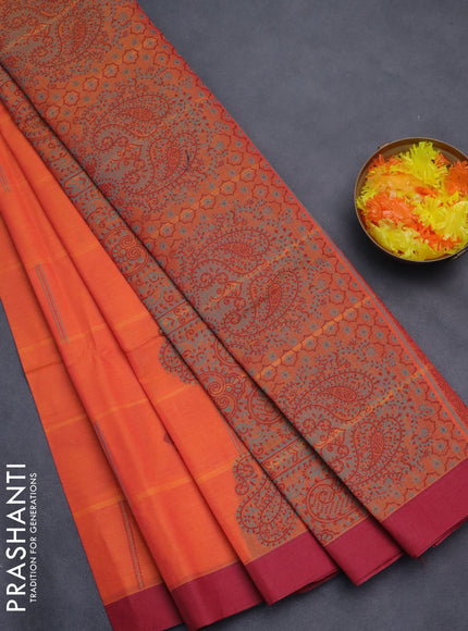 Nithyam cotton saree dual shade of orange and maroon with thread woven buttas and simple border