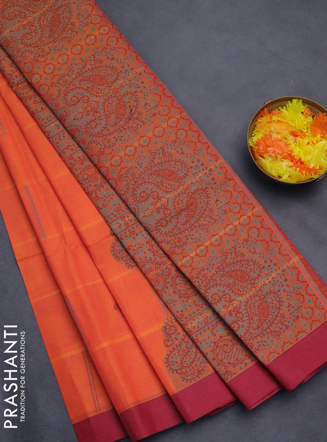 Nithyam cotton saree dual shade of orange and maroon with thread woven buttas and simple border