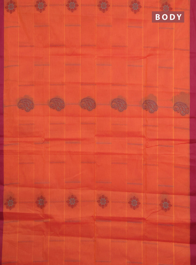 Nithyam cotton saree dual shade of orange and maroon with thread woven buttas and simple border