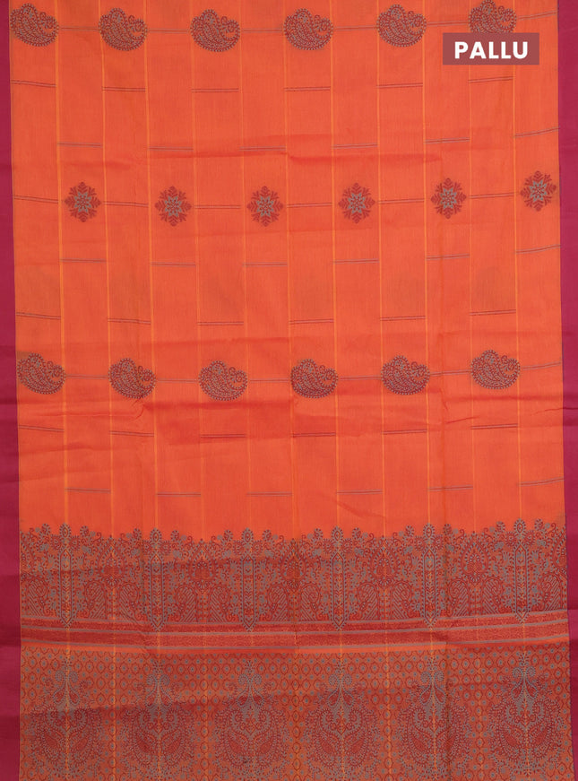 Nithyam cotton saree dual shade of orange and maroon with thread woven buttas and simple border
