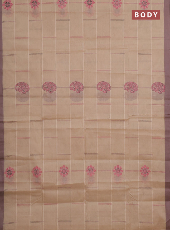 Nithyam cotton saree sandal and pastel brown with thread woven buttas and simple border