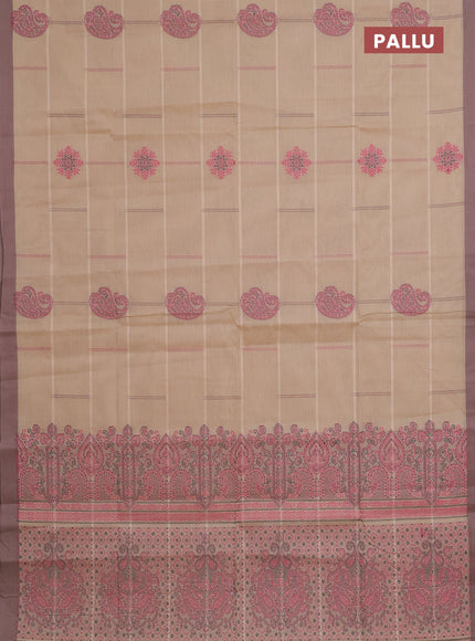 Nithyam cotton saree sandal and pastel brown with thread woven buttas and simple border