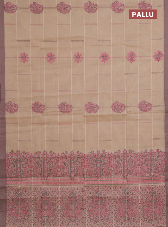 Nithyam cotton saree sandal and pastel brown with thread woven buttas and simple border