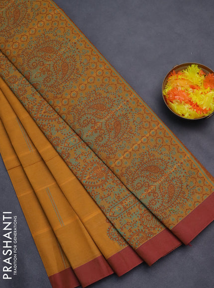 Nithyam cotton saree dark mustard and maroon with thread woven buttas and simple border