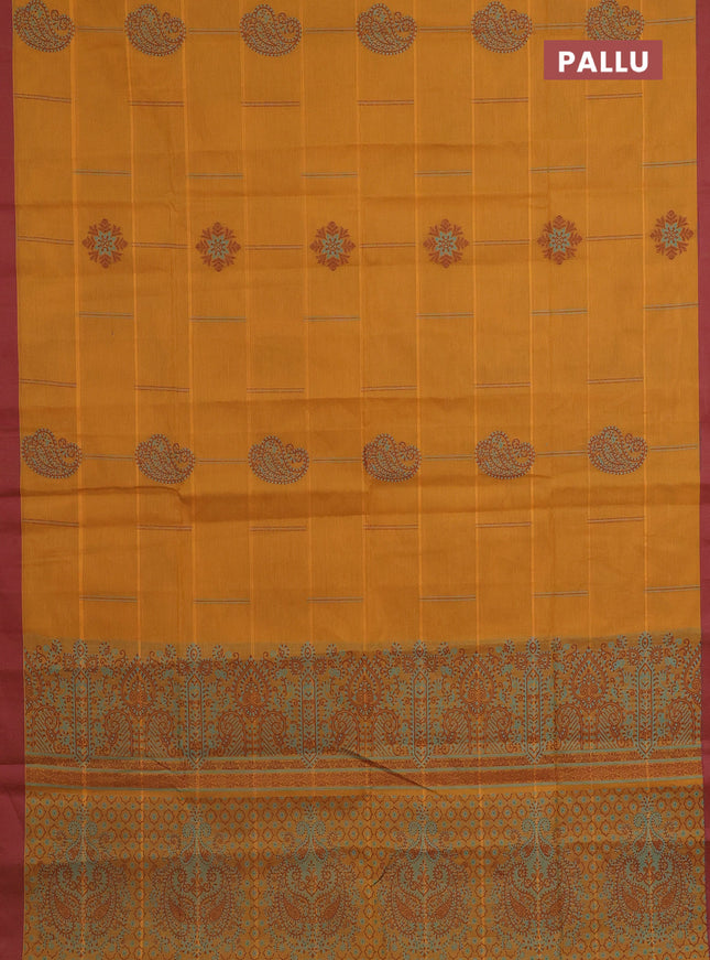 Nithyam cotton saree dark mustard and maroon with thread woven buttas and simple border