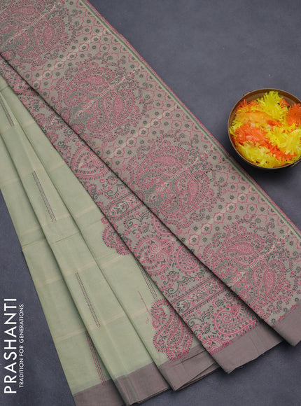 Nithyam cotton saree pista green with thread woven buttas and simple border