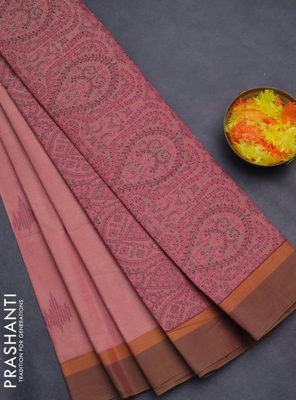 Nithyam cotton saree pastel peach shade with thread woven buttas and simple border