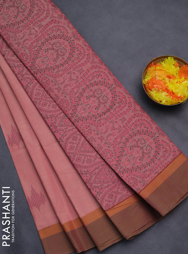 Nithyam cotton saree pastel peach shade with thread woven buttas and simple border