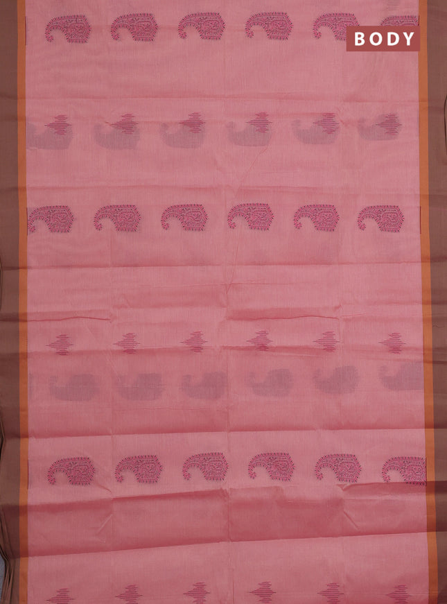 Nithyam cotton saree pastel peach shade with thread woven buttas and simple border