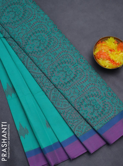 Nithyam cotton saree teal green with thread woven buttas and simple border