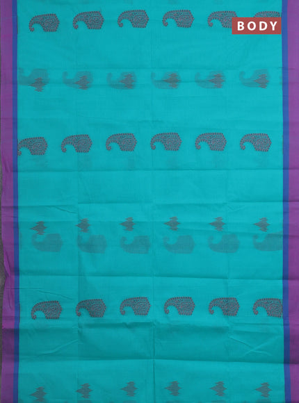 Nithyam cotton saree teal green with thread woven buttas and simple border