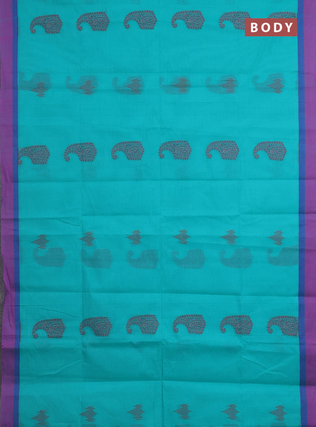 Nithyam cotton saree teal green with thread woven buttas and simple border