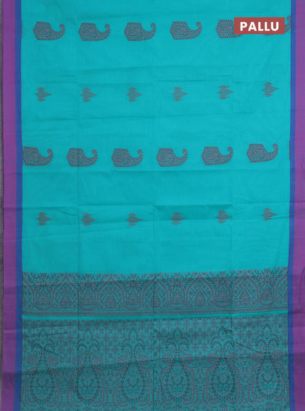 Nithyam cotton saree teal green with thread woven buttas and simple border