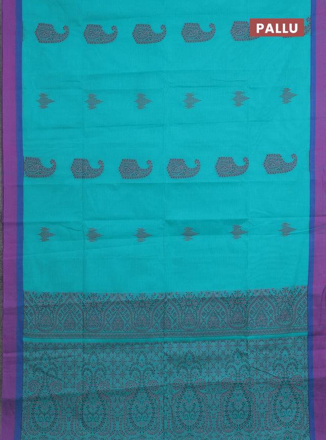 Nithyam cotton saree teal green with thread woven buttas and simple border