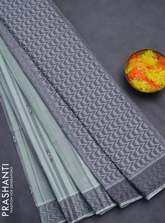 Nithyam cotton saree pastel green and grey with allover stripe & ikat thread buttas and thread woven border