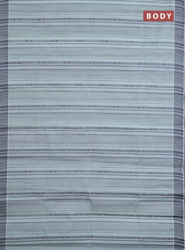 Nithyam cotton saree pastel green and grey with allover stripe & ikat thread buttas and thread woven border