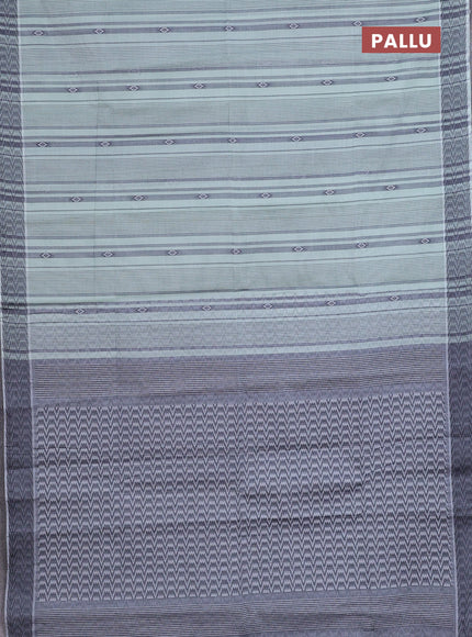 Nithyam cotton saree pastel green and grey with allover stripe & ikat thread buttas and thread woven border