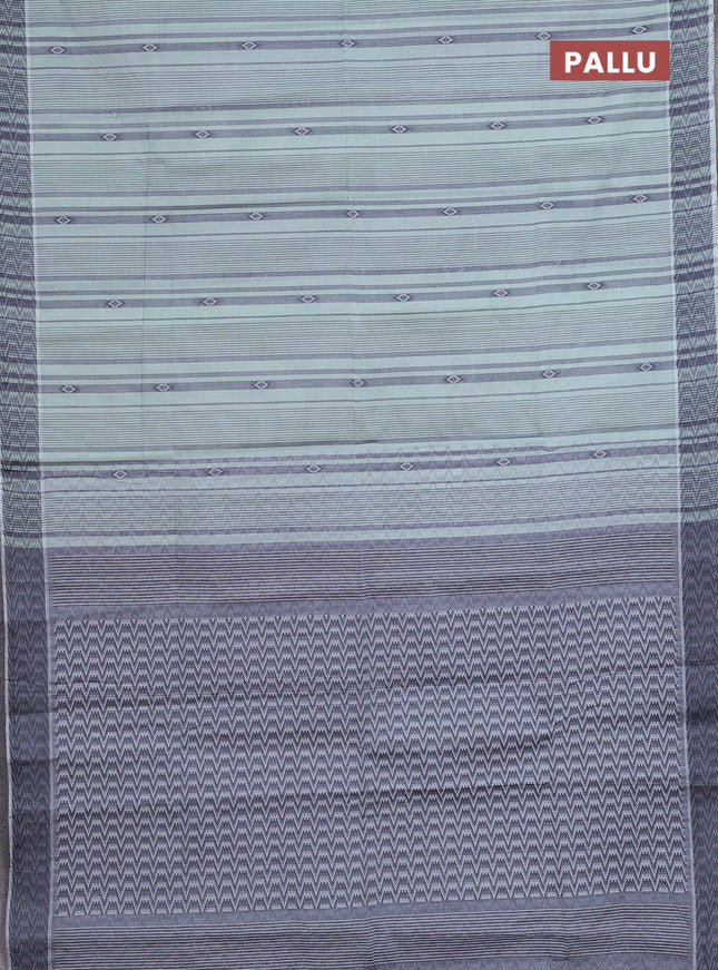 Nithyam cotton saree pastel green and grey with allover stripe & ikat thread buttas and thread woven border