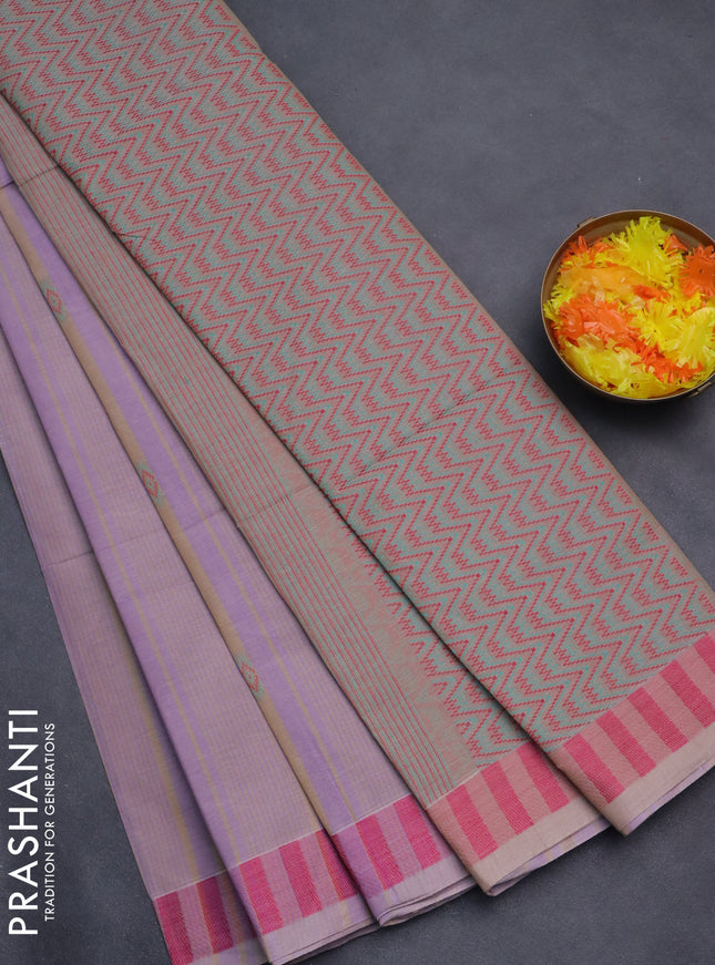 Nithyam cotton saree lavender shade and sandal with allover stripe & ikat thread buttas and thread woven border