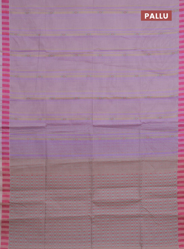 Nithyam cotton saree lavender shade and sandal with allover stripe & ikat thread buttas and thread woven border