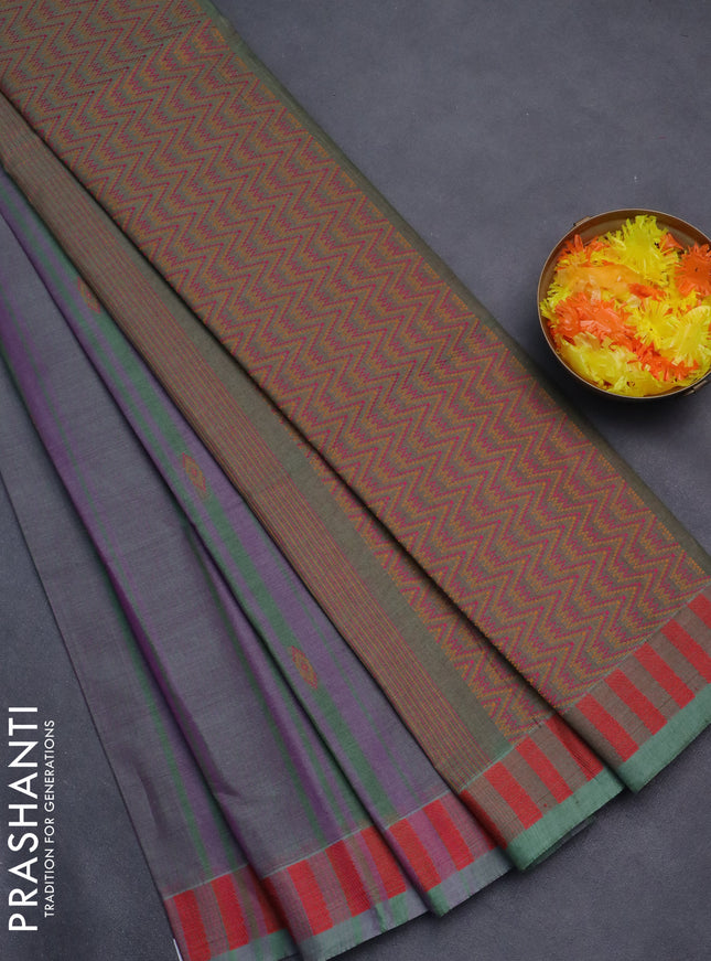 Nithyam cotton saree purple and green shade with allover stripe & ikat thread buttas and thread woven border