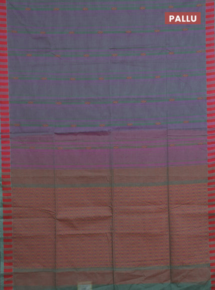 Nithyam cotton saree purple and green shade with allover stripe & ikat thread buttas and thread woven border