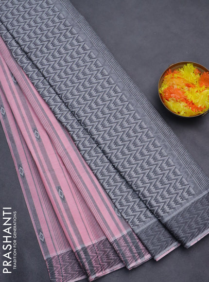 Nithyam cotton saree light pink and grey with allover stripe & ikat thread buttas and thread woven border