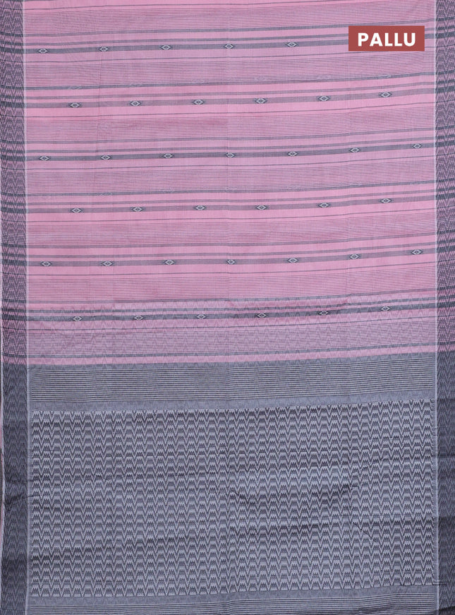 Nithyam cotton saree light pink and grey with allover stripe & ikat thread buttas and thread woven border
