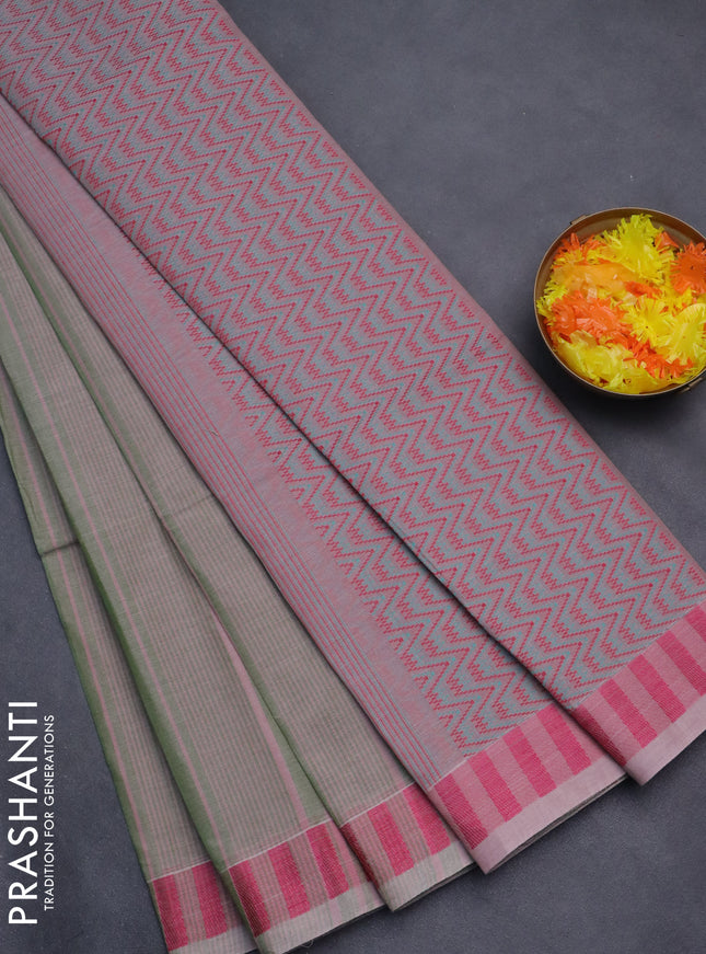 Nithyam cotton saree green and pastel pink with allover stripe & ikat thread buttas and thread woven border