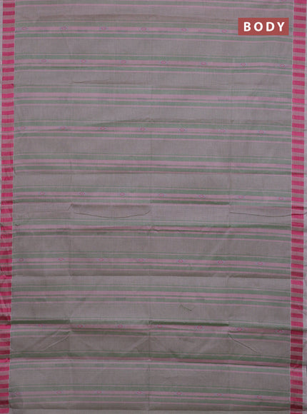 Nithyam cotton saree green and pastel pink with allover stripe & ikat thread buttas and thread woven border