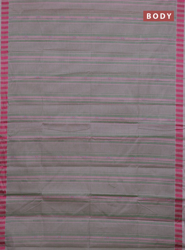 Nithyam cotton saree green and pastel pink with allover stripe & ikat thread buttas and thread woven border