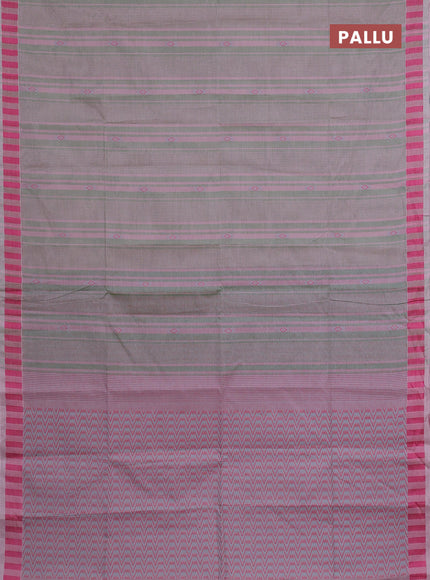 Nithyam cotton saree green and pastel pink with allover stripe & ikat thread buttas and thread woven border