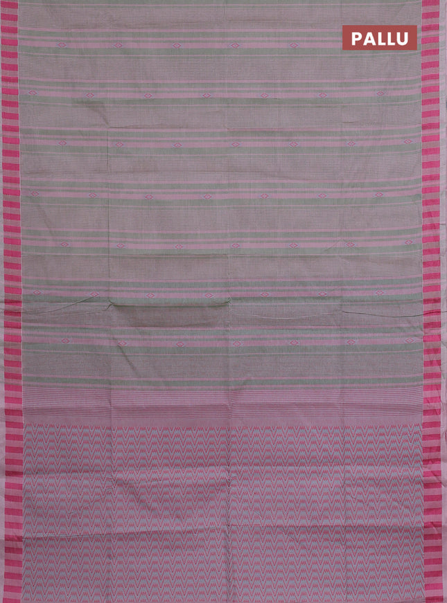 Nithyam cotton saree green and pastel pink with allover stripe & ikat thread buttas and thread woven border