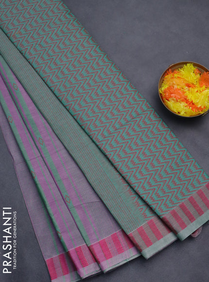 Nithyam cotton saree purple and green with allover stripe & ikat thread buttas and thread woven border