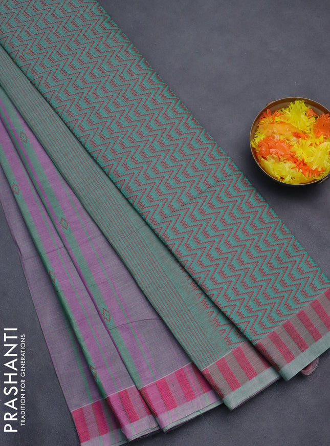 Nithyam cotton saree purple and green with allover stripe & ikat thread buttas and thread woven border
