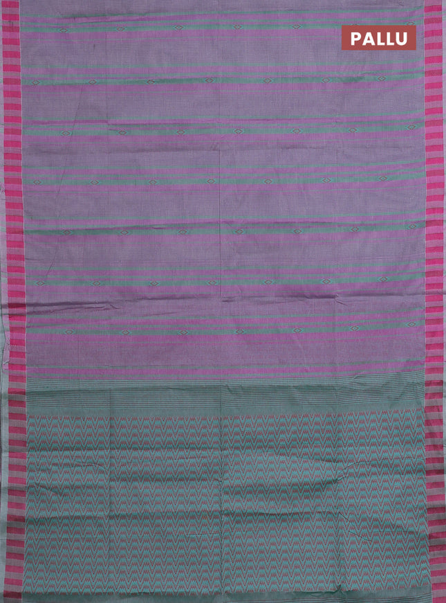 Nithyam cotton saree purple and green with allover stripe & ikat thread buttas and thread woven border