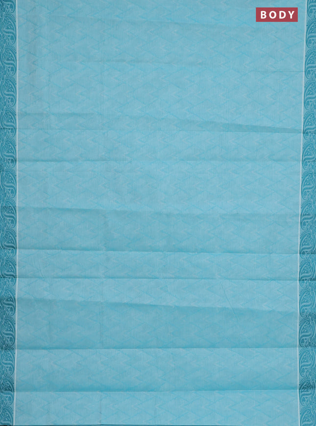 Coimbatore cotton saree teal blue with allover self emboss and thread woven border