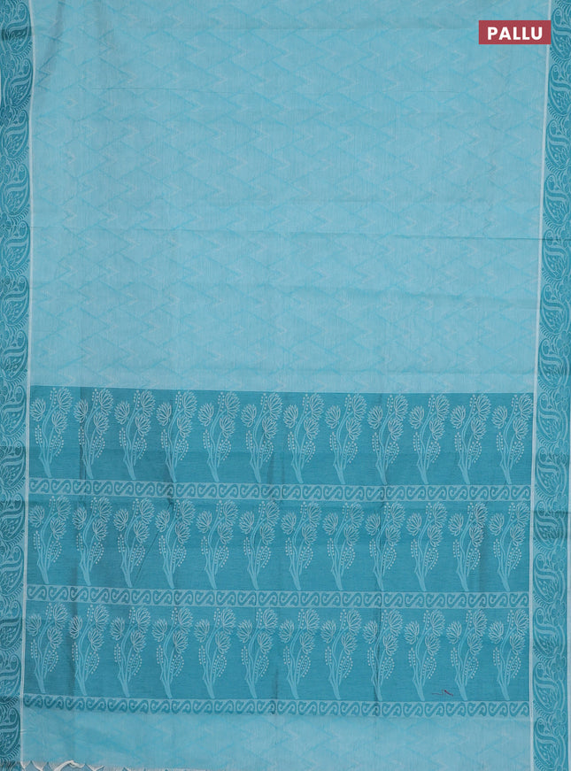 Coimbatore cotton saree teal blue with allover self emboss and thread woven border