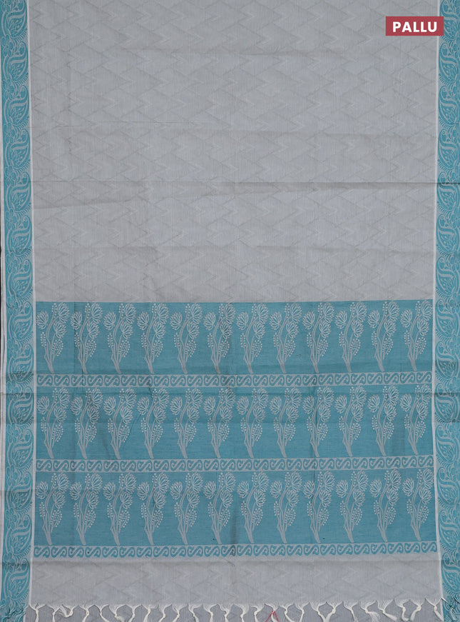 Coimbatore cotton saree grey and teal green with allover self emboss and thread woven border