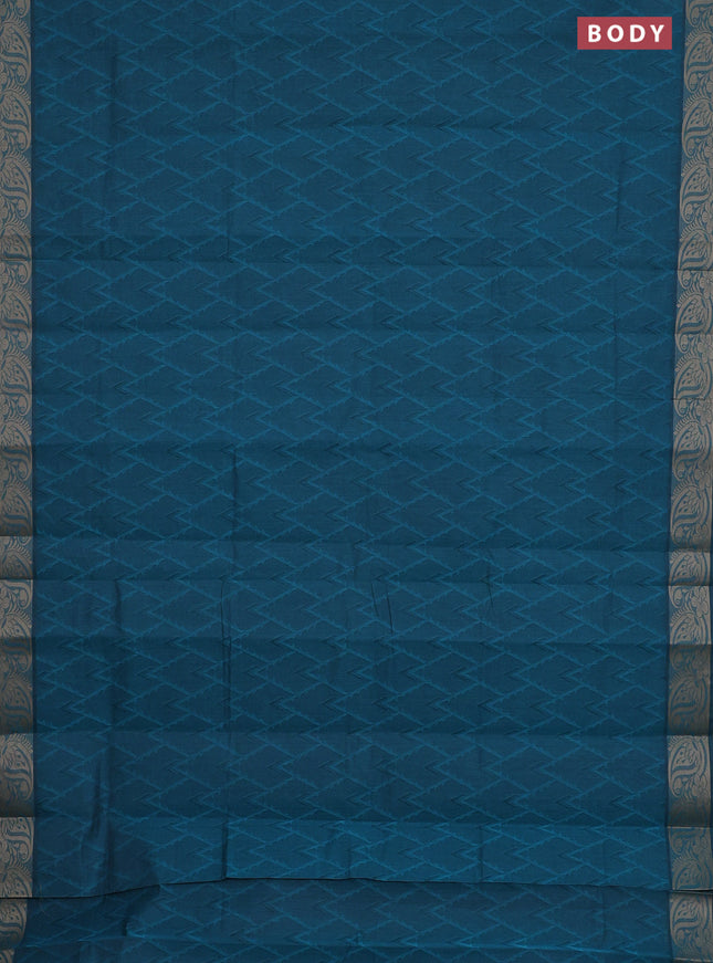 Coimbatore cotton saree peacock blue with allover self emboss and thread woven border