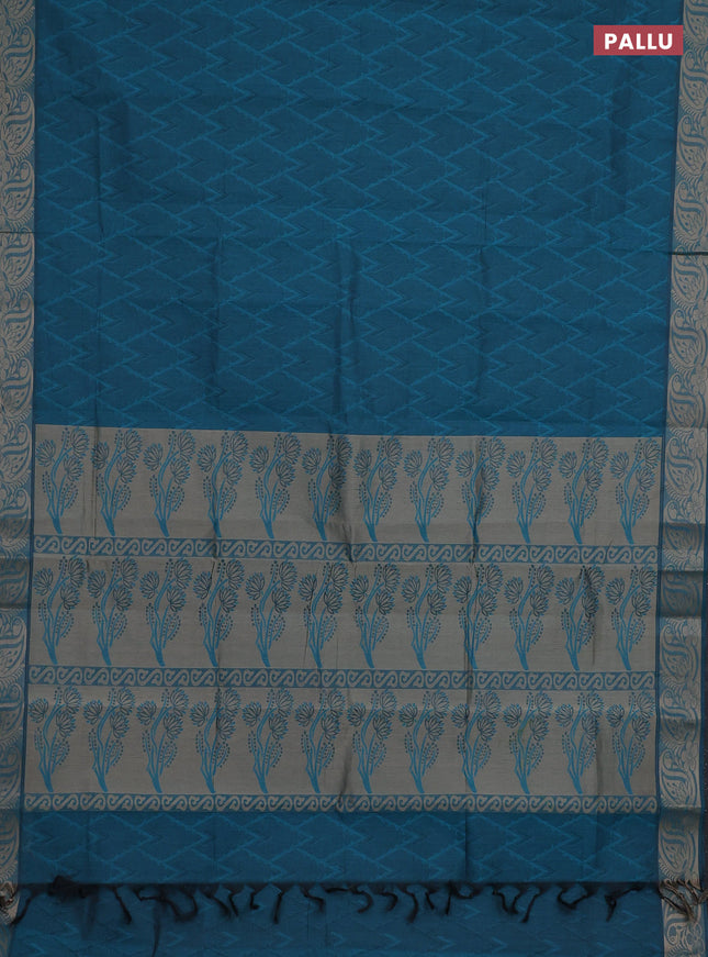Coimbatore cotton saree peacock blue with allover self emboss and thread woven border